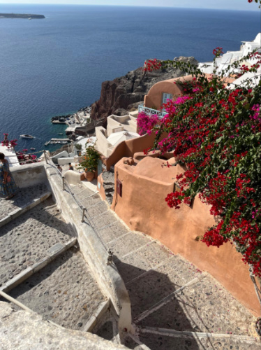 View of the blooming flowers around the steps leading to Ammoudi Bay