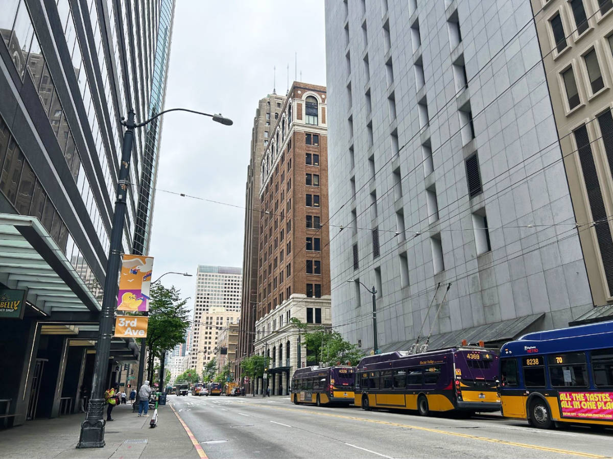 View of bus in 3rd Avenue in Downtown Seattle