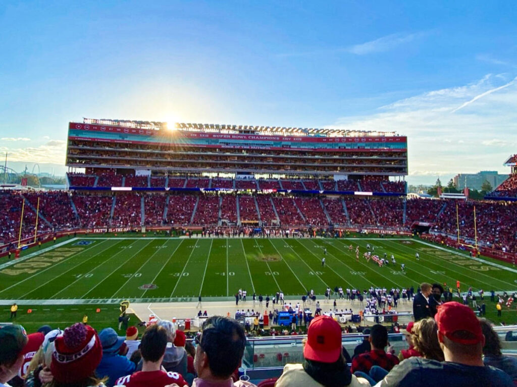 View of the 49ers football game from the full packed bleachers