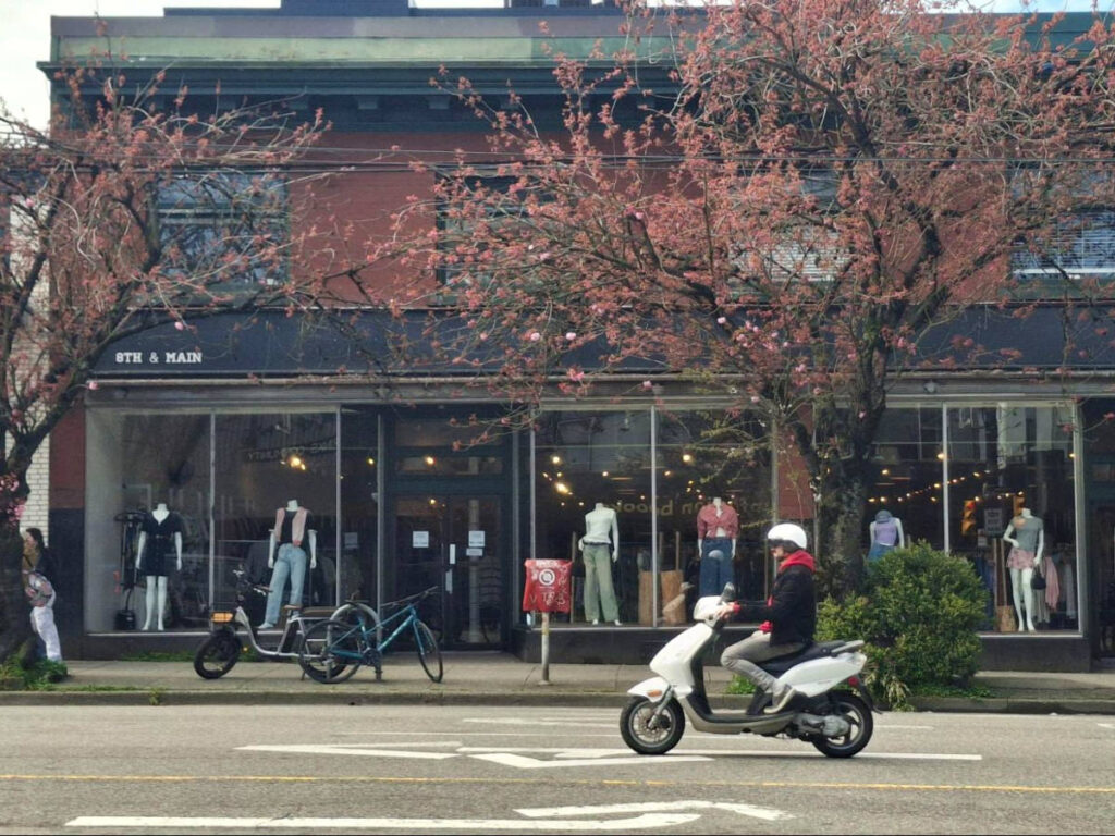 View of the trees starting to bloom in front of 8th and Main clothing shop