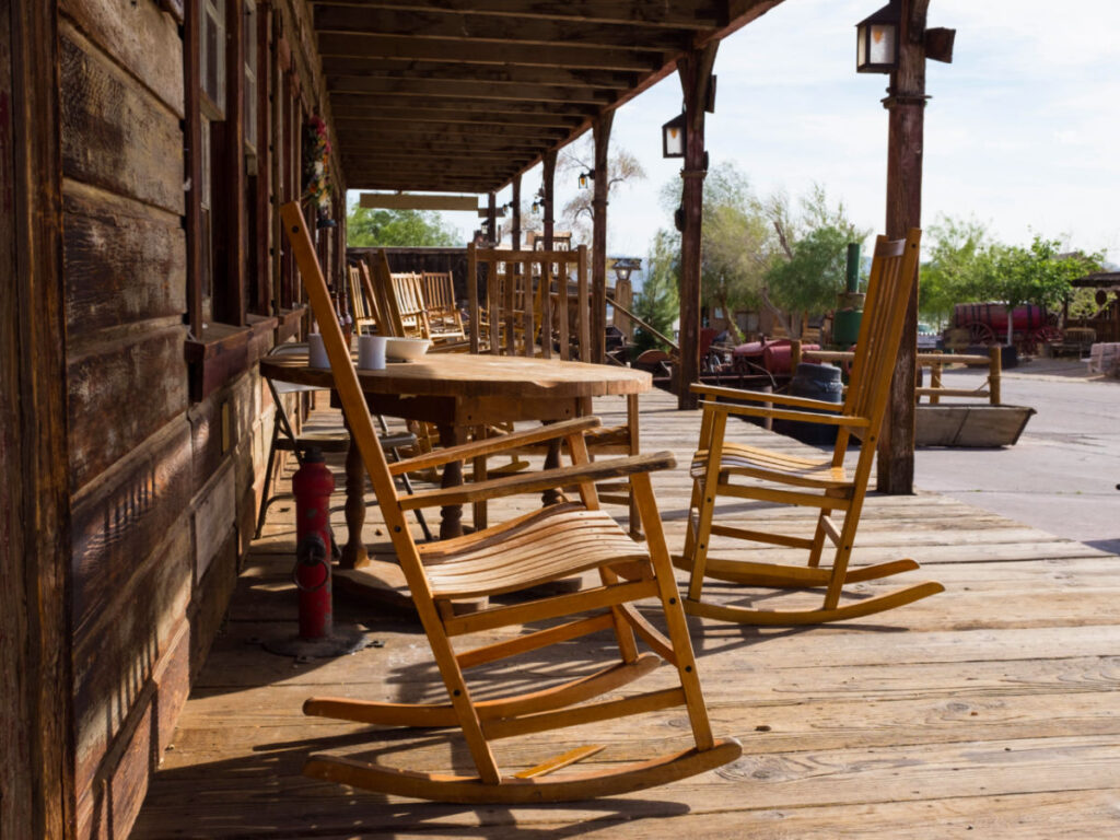 Wooden chairs on a Saloon entrance