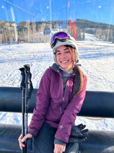 The author Abigail Bliss, posing while riding the gondola at Beaver Creek Resort