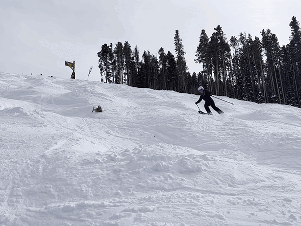 The author Abigail Bliss, skiing on the mogul terrain at Beaver Creek