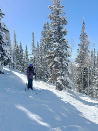 The author Abigail Bliss, skiing at Steamboat Ski Resort