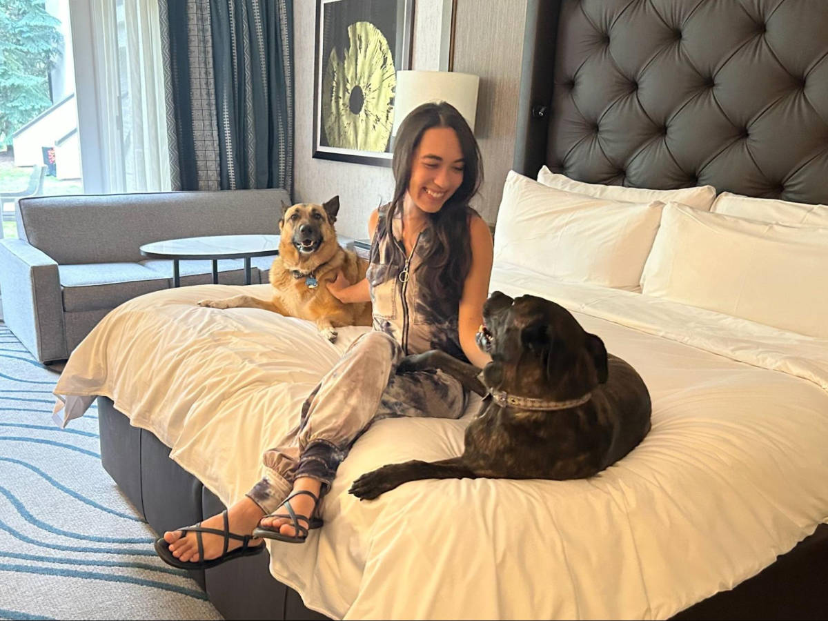 The author Abigail Bliss and her dogs, sitting on the bed in Grand Hyatt Vail