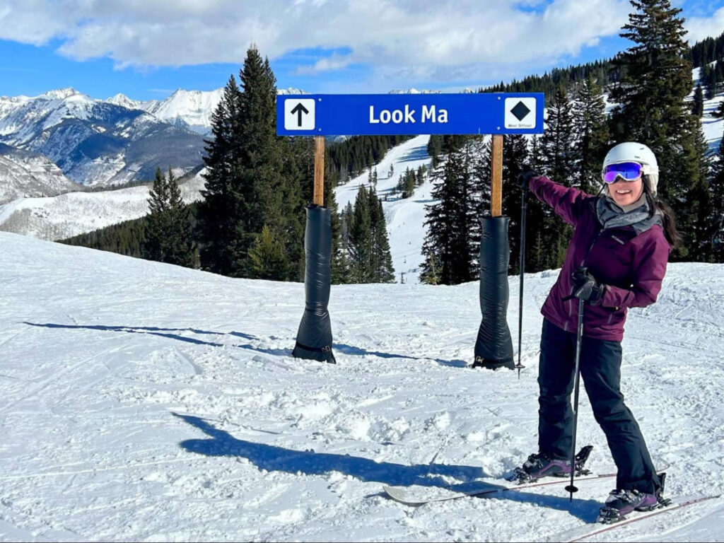 The author Abigail Bliss, posing for a photo at the Look Ma Skiing Trail