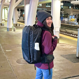 The author Abigail Bliss with her Tortuga Travel Backpack