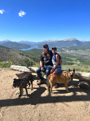 The author, Abigail Bliss with her husband and their dogs during a trip