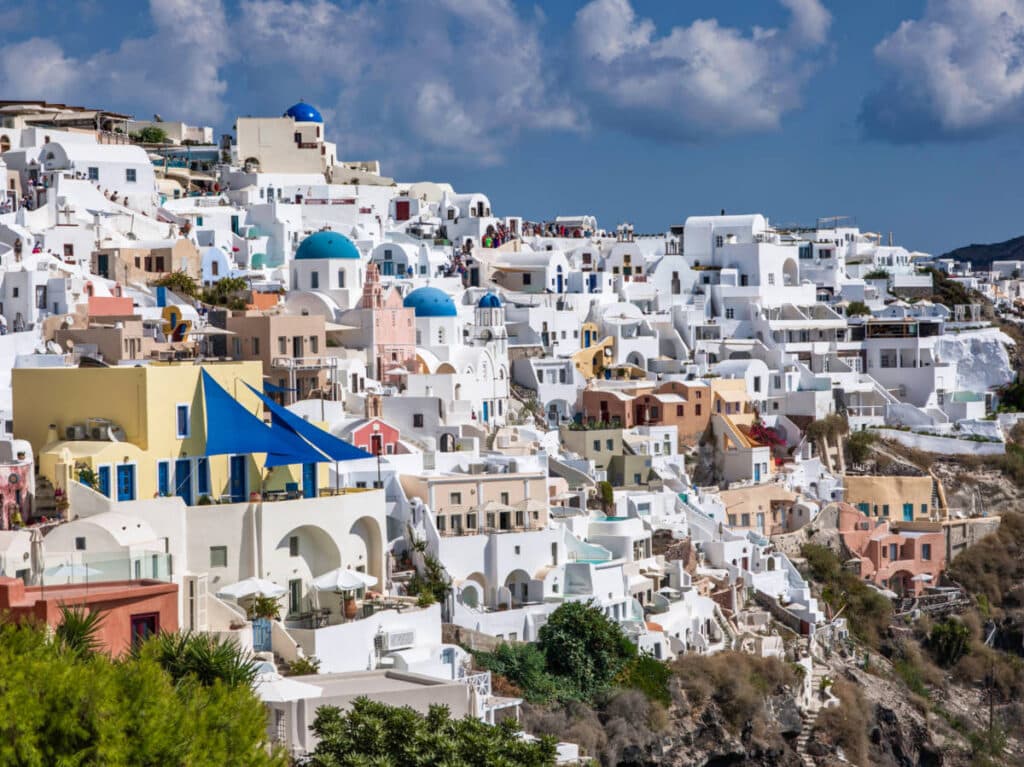 Picturesque view of the whitewashed acropolis of Santorini