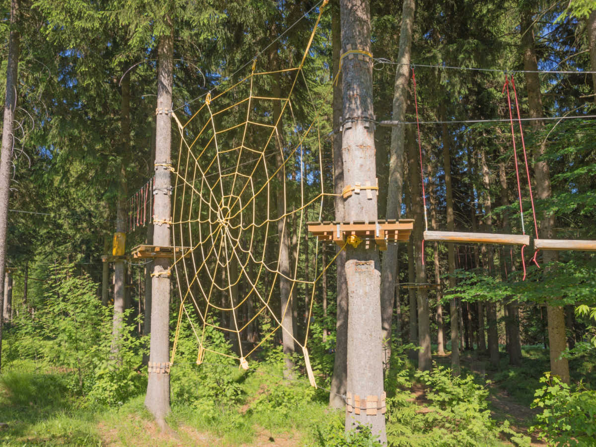 A cob web designed climbing route at the Adventure Center of Asheville
