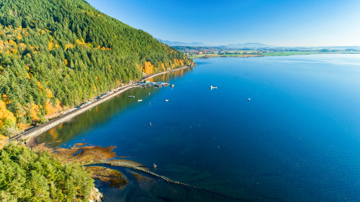 Aerial View of the coast of Samish Bay from the Chuckanut Drive