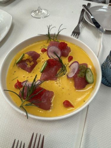 A plate of ahi tuna dish