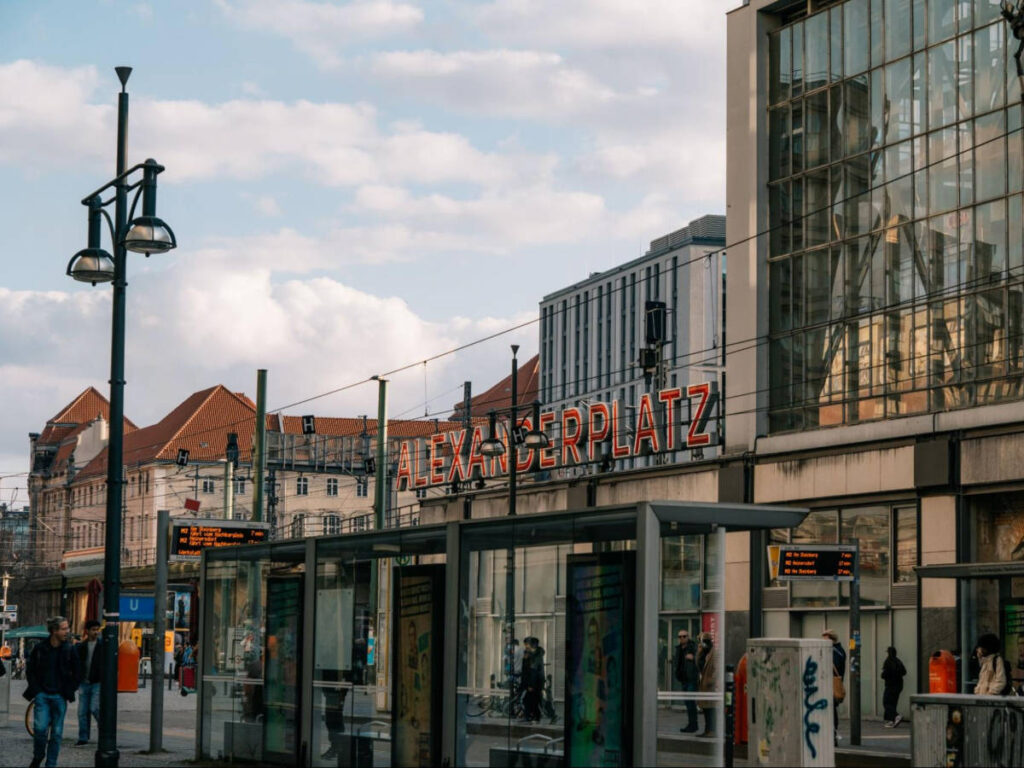 View of the exterior and the huge signage of Alexanderplatz