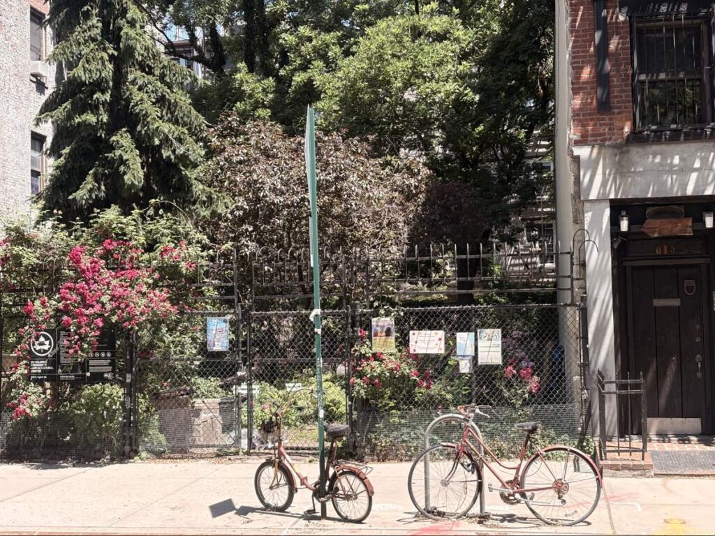 Bicycles parked outside the Community garden in the Alphabet City area