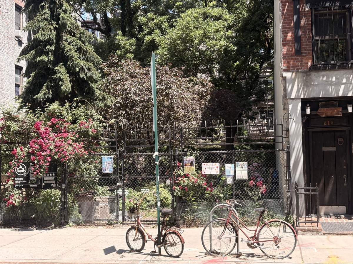 Bicycles parked outside the Community garden in the Alphabet City area