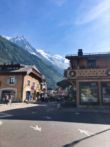 View of the French Alps in the background of Downtown Chamonix
