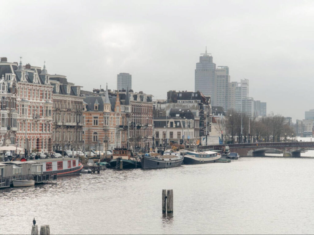 Panoramic view of the skyline of Amsterdam on a foggy day
