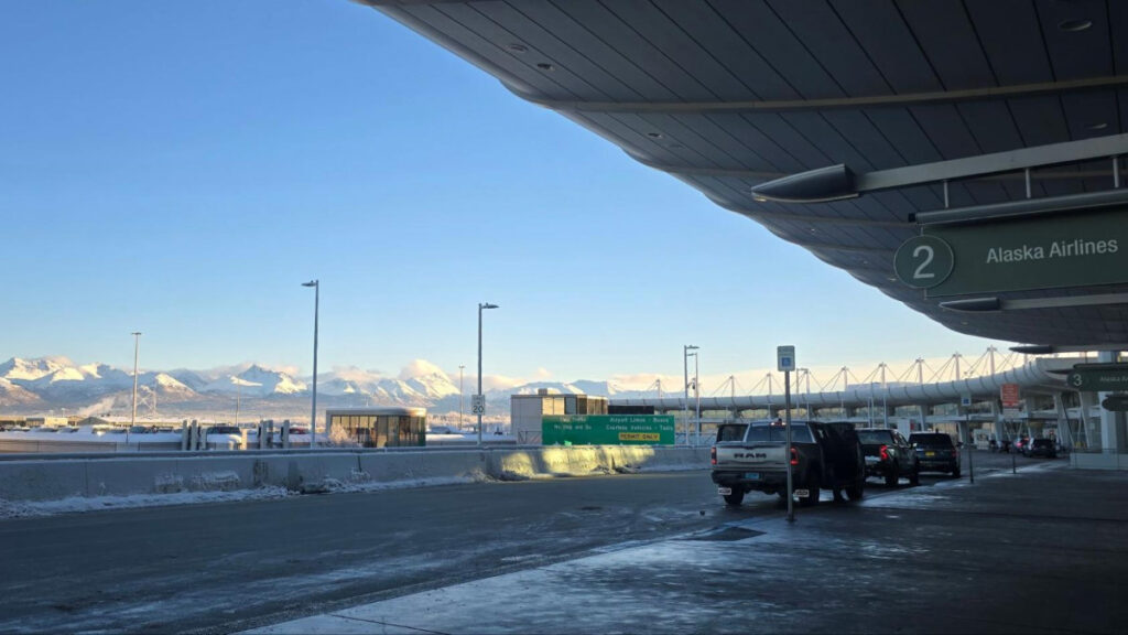 The snow covered mountain views from Ted Stevens International Airport