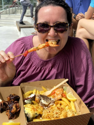 The author Ann-Marie Cahill, enjoying the seafoods at the Sydney Fish Market