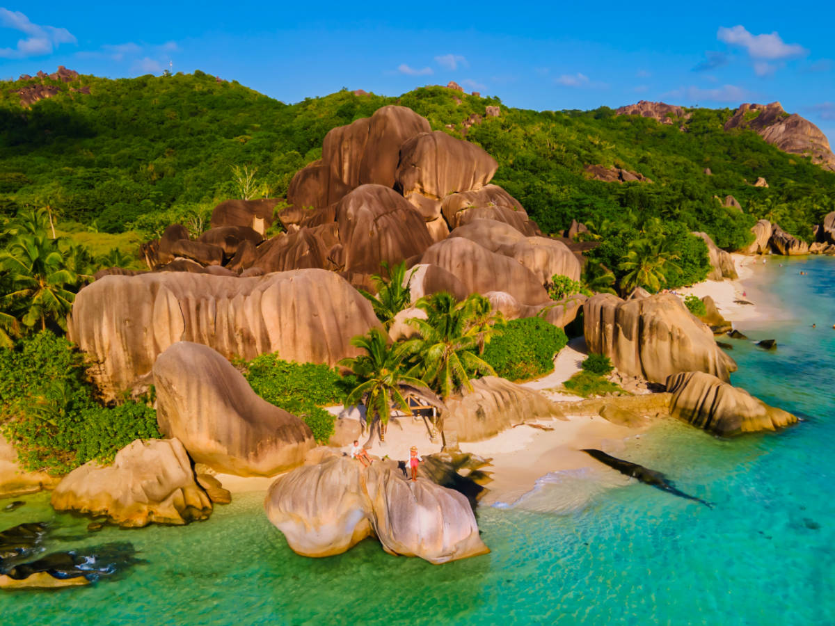 Aerial view of the rock formations at Anse Source d'Argent Beach