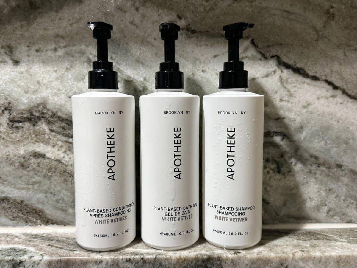 Different Apotheke products displayed on the bathroom