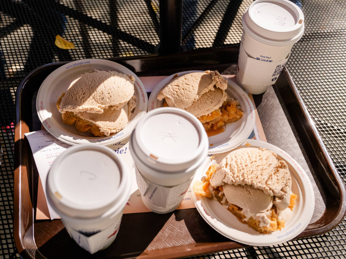 Apple pie topped with ice cream served in Julian