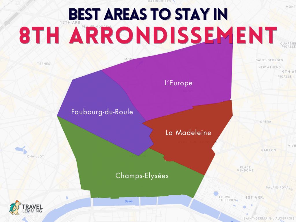 A graphic map that shows the best areas to stay in the 8th Arrondissement