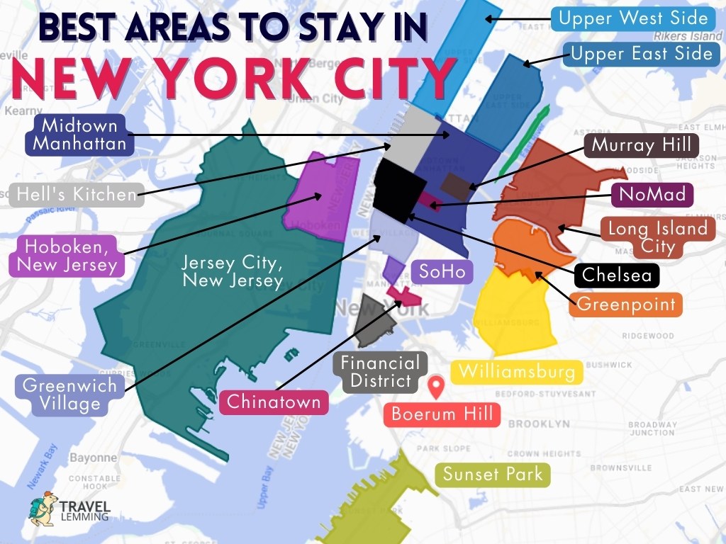 A graphic map that shows the best areas to stay in New York City