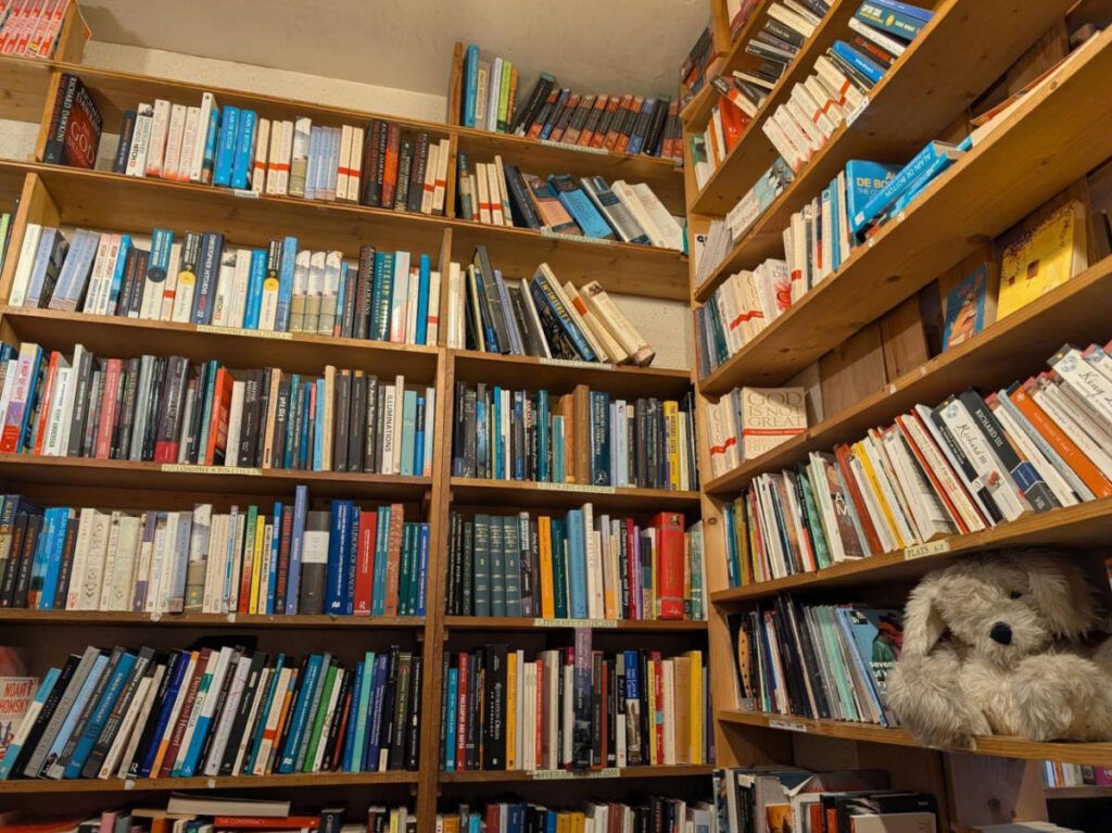Closeup look of the books on the shelves inside the Armchair Books