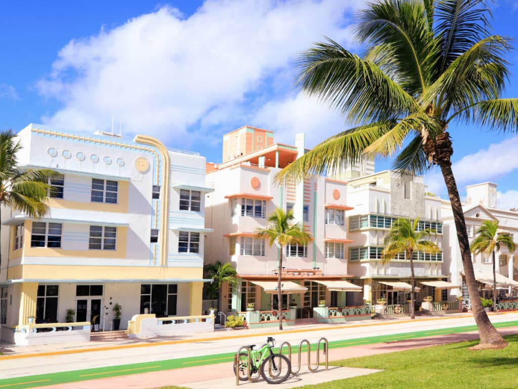 View at the Art Deco District during a sunny morning in Miami Beach