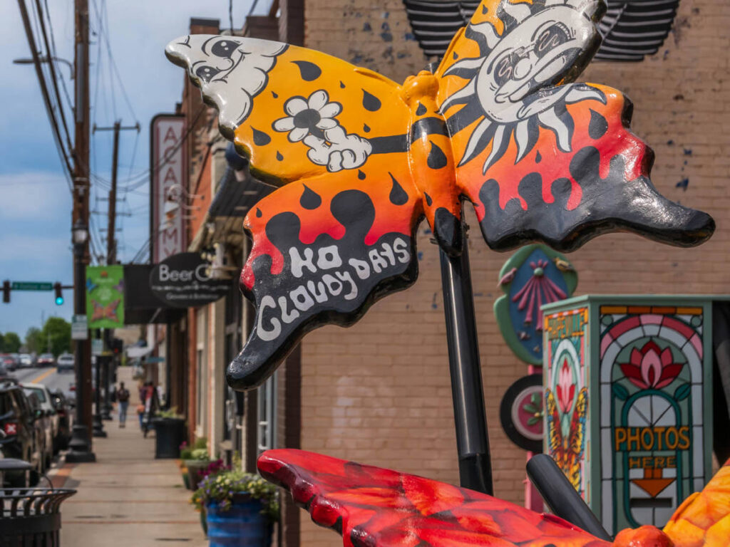 A butterfly art installation along the shops on the Main Street in Hapeville