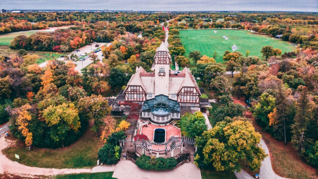 Aerial view of the fall foliage around Assiniboine Park during fall season