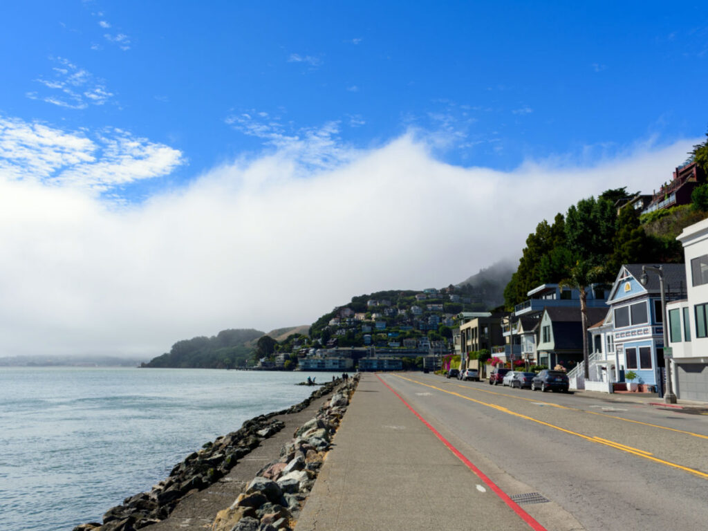 Along Sausalito Boardwalk with the upscale residential neighborhood visible in the distance on the hill