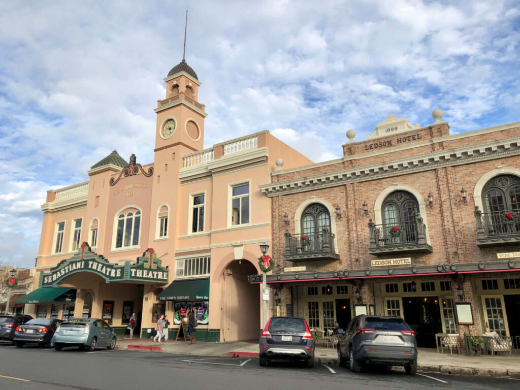 Outside view of the historic Sebastiani Theater and Building in downtown Sonoma