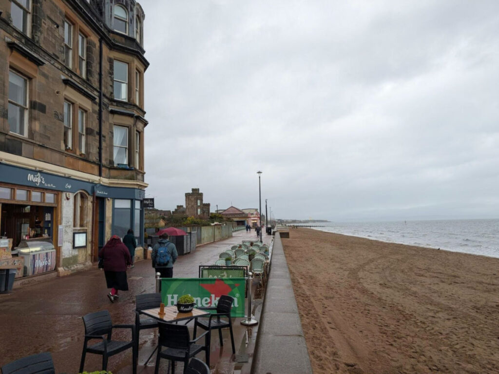 View of Portobello Beach on a rainy day