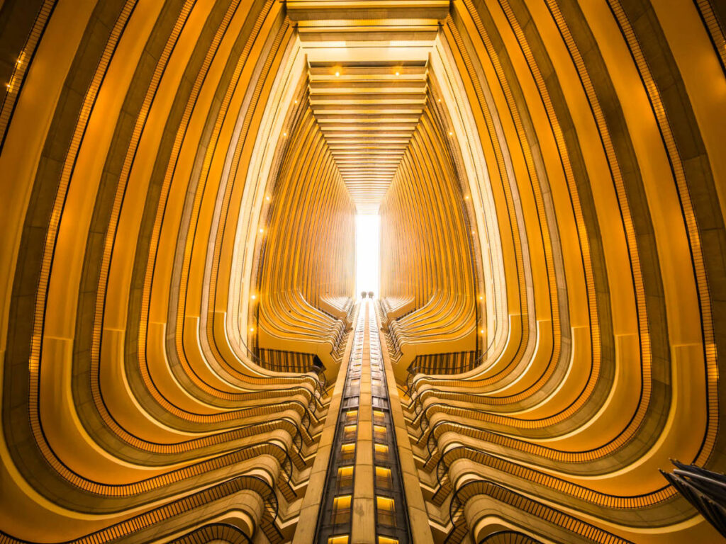 View of the atrium in the Atlanta Marriott Marquis hotel seen from below