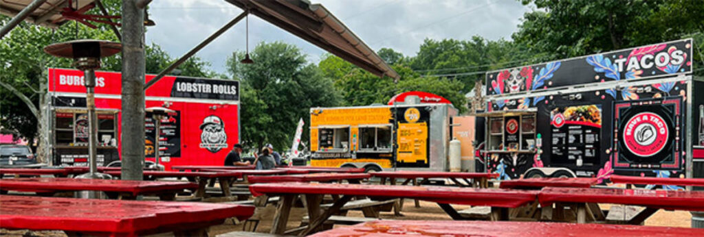 View of the food trucks at a food park in Austin