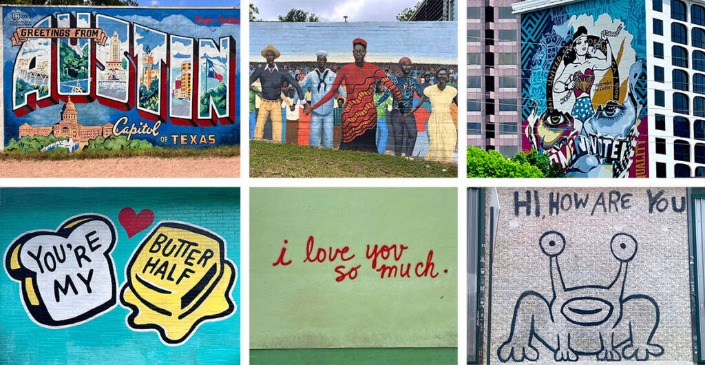 Collage of several murals seen in Austin