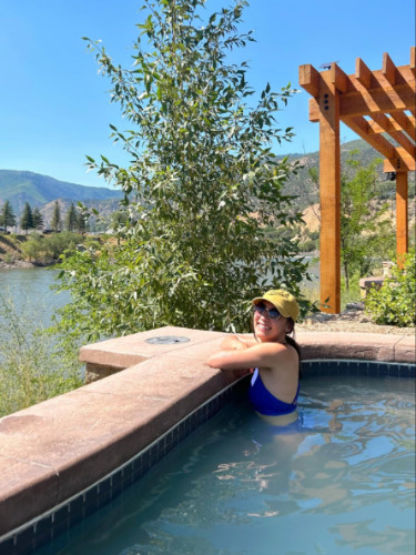 Author Abigail chilling at the WorldSprings pools