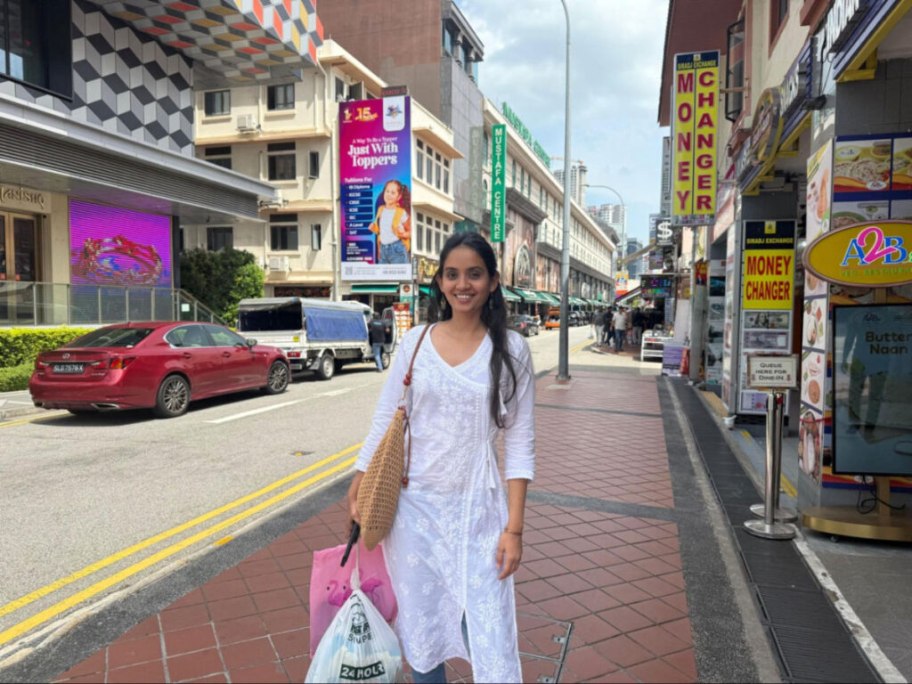 Author Advaita after a budget shopping spree at the 24-hour Mustafa Centre