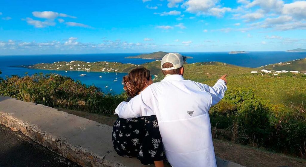 The author with her wife and the view from Magens Bay in St. Thomas