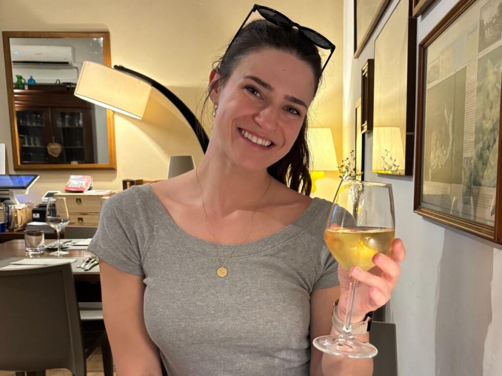 Author Betty enjoying a glass of Orvieto Classico