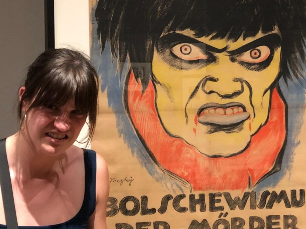 Author Betty playfully posing with an art display at LACMA