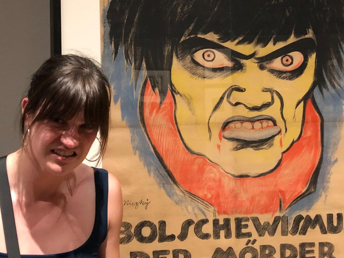Author Betty playfully posing with an art display at LACMA