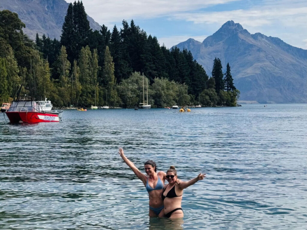 Author Betty and her friend swimming at Lake Wakatipu