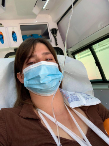 Author Betty on an ambulance ride to the hospital in Italy