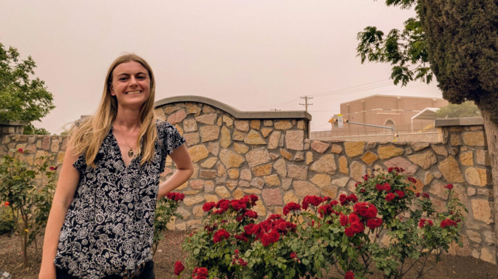 Author Brianna at El Paso’s Rose Garden on a dusty day