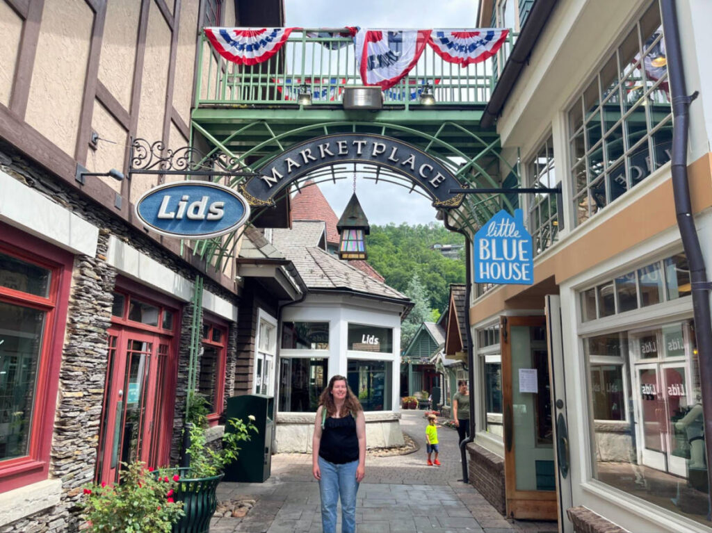 Author Elizabeth standing at the Marketplace in Downtown Gatlinburg