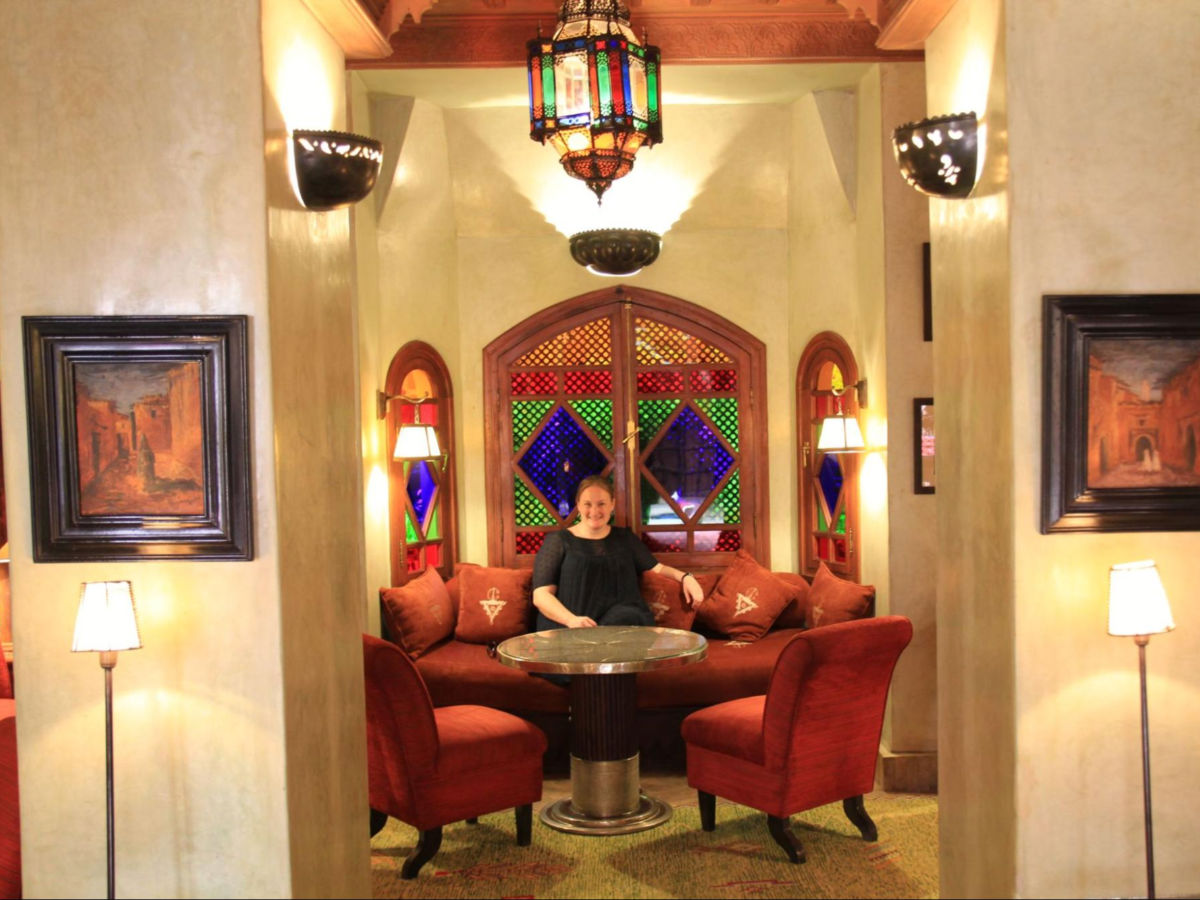Author Heather relaxing in the lounge at La Maison Arabe