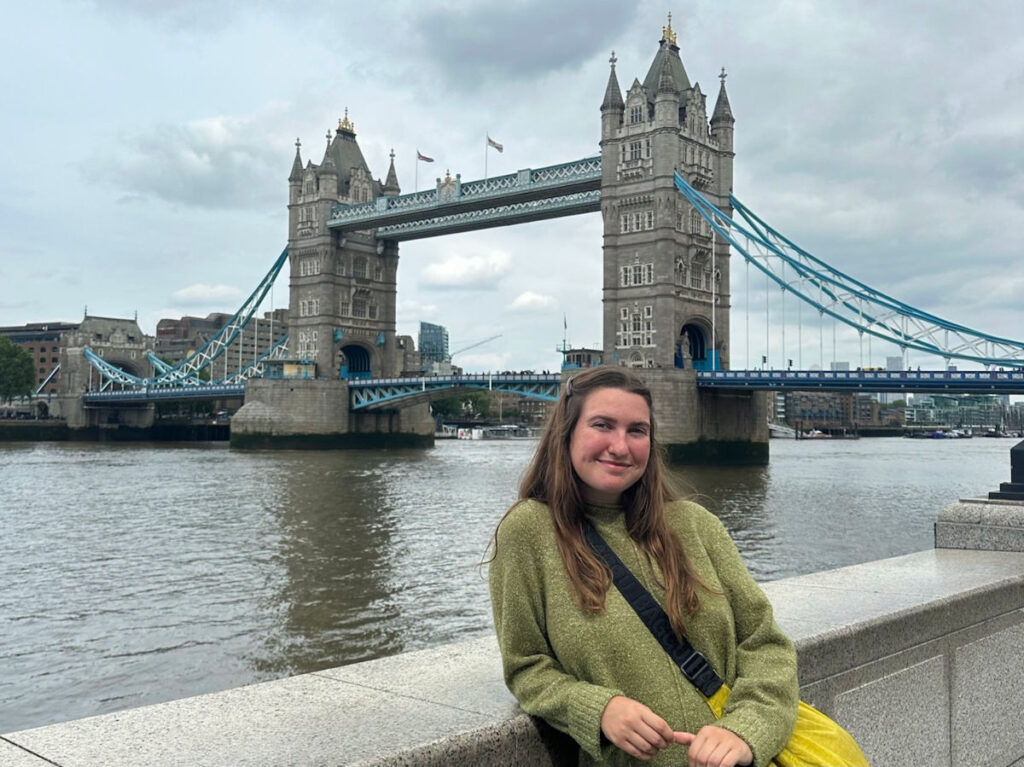 Author Laura in front of the Tower of London
